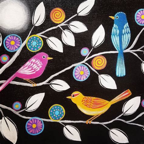 Boho Birds Acrylic Painting Tutorial on YouTube Whimsical Art How to Paint Black and White ...