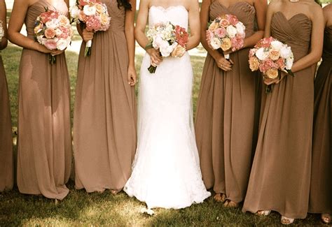 Mocha bridesmaid dresses, antique lace, pink peonies, antique brooches. Fall Wedding Flower Girl ...