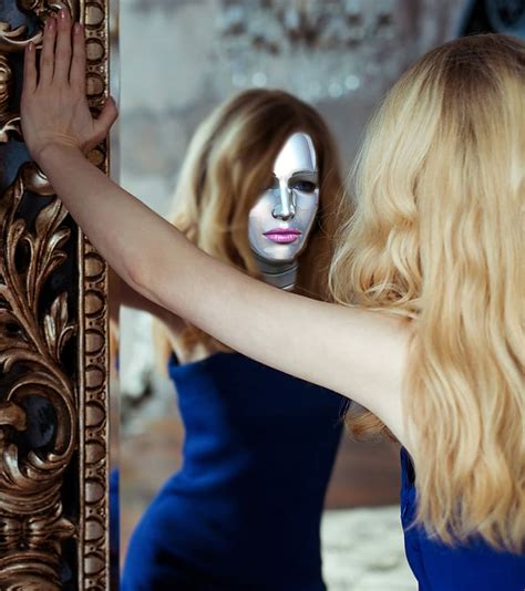 woman, wearing, blue, dress, leaning, mirror, girl, blonde, young, robot | Pxfuel