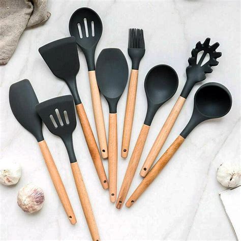 Lot of 9 silicone kitchen utensils with natural wood handle - Set of 9 ...