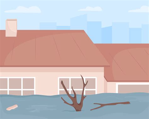 Urban flood disaster flat color vector illustration. Damage to ...