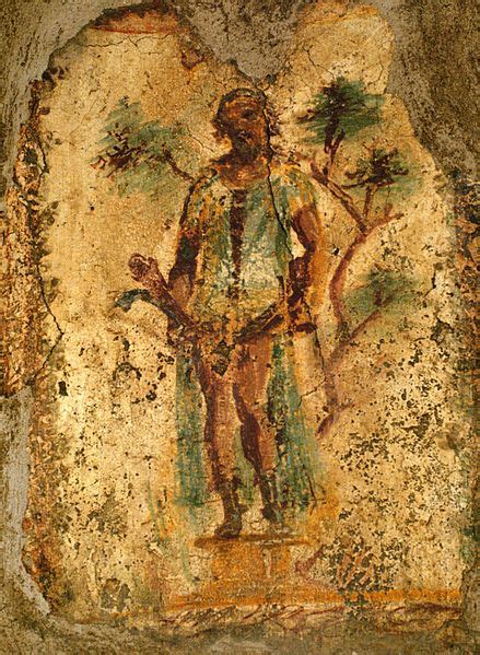 Priapus with double phallus. Fresco from the Lupanar in Pompeii. North wall, between rooms c and ...