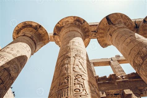 Columns with hieroglyphs in Karnak Temple at Luxor, Egypt. travel ...