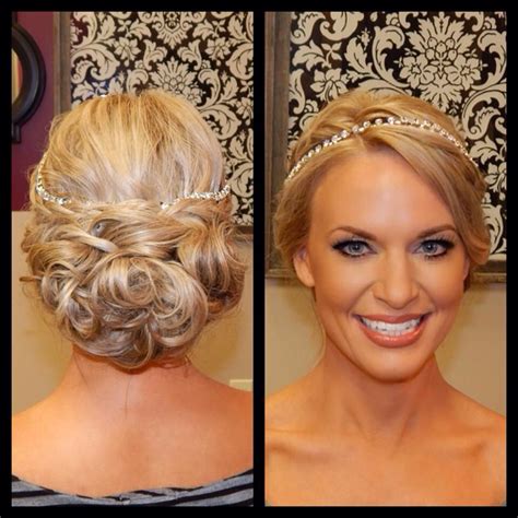 Formal makeup, soft shimmery eye with lashes, Formal updo, wedding hair, bun of curls, blonde ...
