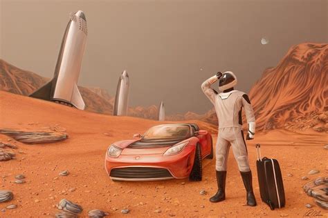 SpaceX's Starman on Mars with his Tesla Roadster and three Big Falcon ...