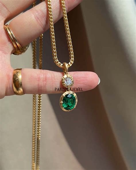 Two Stone Lab Diamond Pendant CZ Green Natural Emerald Pendant Bezel ...