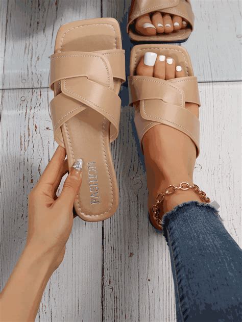 Women Twist Detail Flat Sandals, Elegant Khaki Slide Sandals For Summer | SHEIN USA