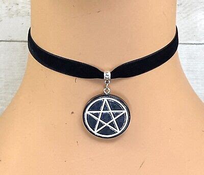 BLACK VELVET CHOKER Necklace Pentagram Pentacle Star Pendant Wicca Goth ...