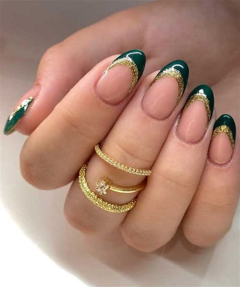 32 Prettiest Autumn Nail Art Designs : Green and Gold French Almond Nails