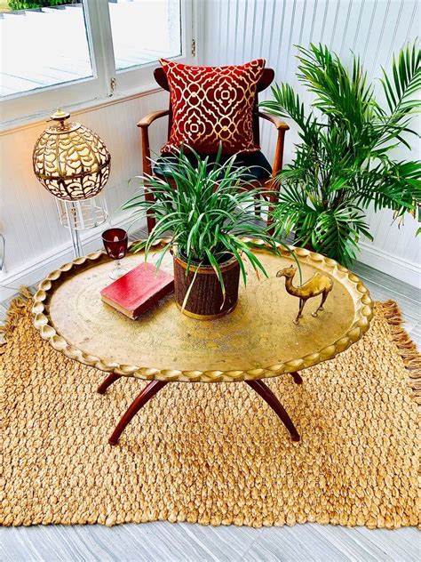 Oval Bohemian Coffee Table, Mid Century Moroccan Brass Tray on Folding Spider Leg Stand ...
