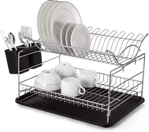 Glotoch Express 2 Tier Dish Drying Rack with Utensil Holder, Cup Holder and Drain Tray 17" x 12. ...