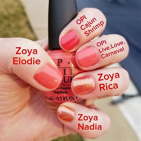 Comparison Swatches ♡ Zoya | Elodie (thumb) • OPI | Cajun Shrimp (index) • OPI | Live.Love ...