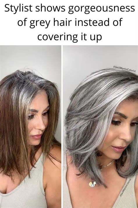 Stylist shows gorgeousness of grey hair instead of covering it up | Gray hair highlights, Grey ...