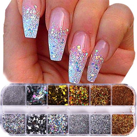 1Case Nail Glitter Powder Dust Iridescent Flakies Sequins Gold Silver Super Shining Paillette ...