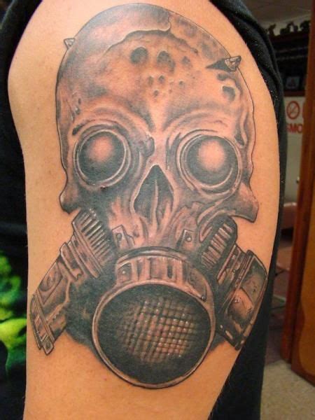 Skull Gas Mask Tattoo On Shoulder | Gas mask tattoo, Mask tattoo, Gas mask