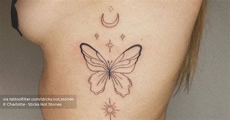 Fine line butterfly and sun and moon tattoo.