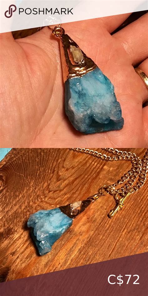Raw blue quartz crystal pendant set on gold plated