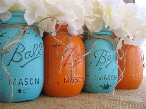 SALE!!! Set of 4 Pint Mason Jars, Ball jars, Painted Mason Jars, Flower Vases, Rustic ...
