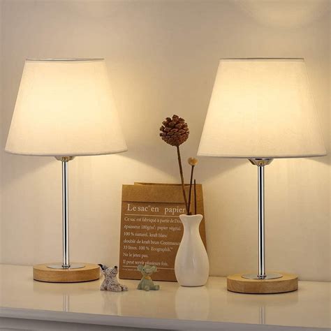 Small Table Lamps Set for Bedroom, Wood Desk Lamp with White Fabric Shade for Dresses ...