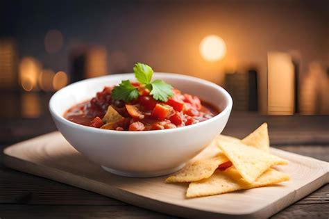 Premium AI Image | a bowl of salsa with chips and salsa on a table