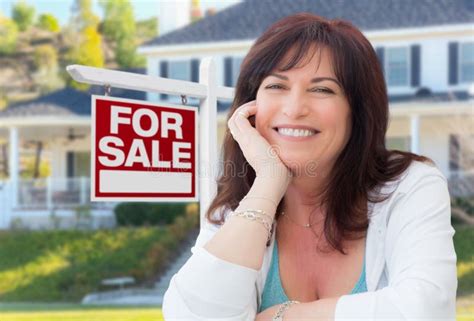 Middle Aged Woman in Front of House with for Sale Sign Stock Photo - Image of buyer, outside ...