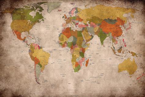 Poster – World Map Retro Look – Picture Continents Atlas Worldmap Earth ...