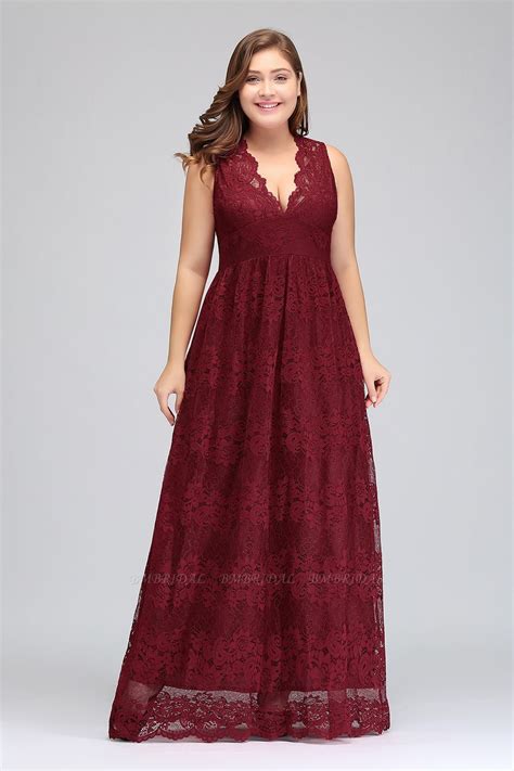 Plus Size Lace V-Neck Burgundy Bridesmaid Dress | BmBridal Ruffles ...