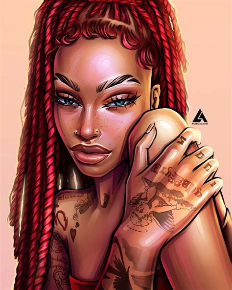 a drawing of a woman with red hair and tattoos on her arm, looking at the camera