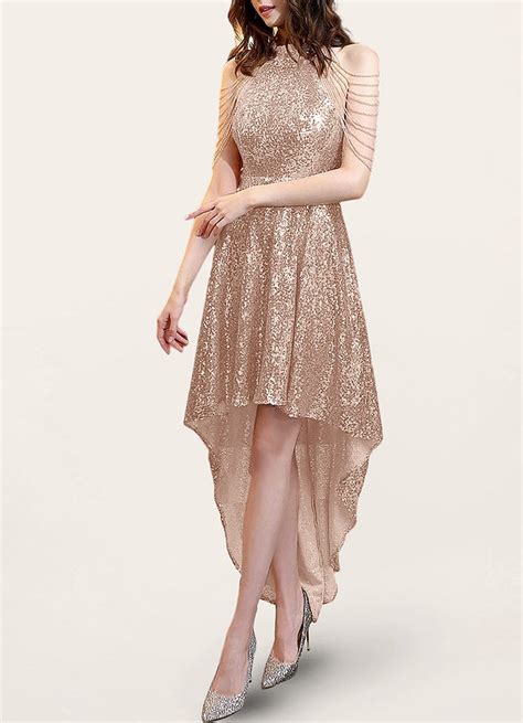 Gold Midnight Stunner Gold Sequin Halter High Low Dress Dresses | Azazie