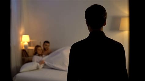 Man Looking At His Wife With Lover In Bed Unfair Relations Partner ...