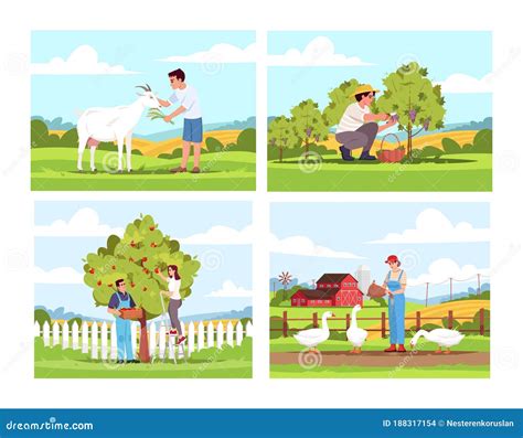 Village Activities Semi Flat Vector Illustration Set Stock Vector - Illustration of plantation ...