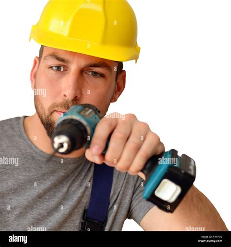 freestanding craftsman construction worker assembler with drilling machine - friendly worker in ...