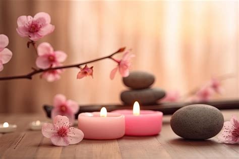 Premium Photo | Pink candles with pink flowers and zen stones on wooden table beauty spa ...