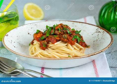 Spaghetti with Sardines in Tomato Sauce Stock Image - Image of garnish ...