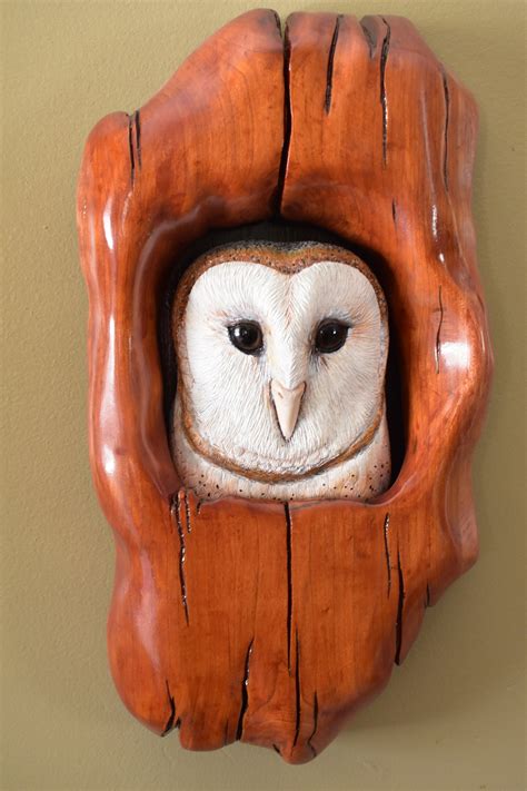 Hand Carved Hand Painted Barn Owl Wooden Sculpture in Carved Cherry Wood Tree Hollow, Wood Art ...