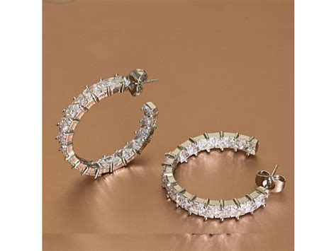 Silver Hoop Earrings with Princess Cut White Diamond Cubic Zirconia | Joyus