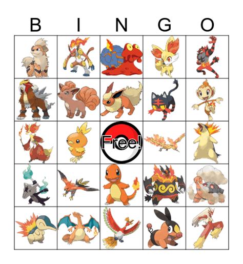 Fire Type Pokemon Bingo Card