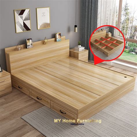 Tatami Bed Frame With Drawer Queen Extra Storage Space Katil Tatami Kayu Tahan Lama Banyak Ruang ...