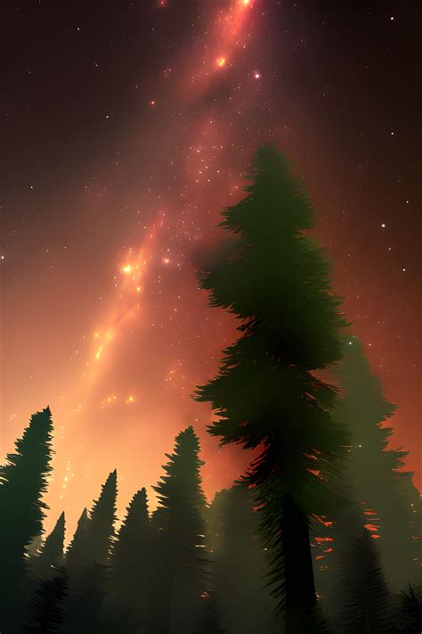 A dark nights sky filled with stars and galaxies seen from a pine tree ...