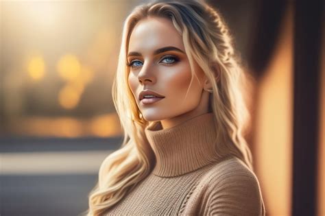 Premium AI Image | A woman with blonde hair and a beige turtleneck ...
