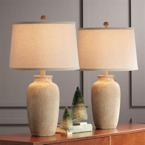 Regency Hill Rustic Farmhouse Table Lamps Set of 2 25 1/2" High Beige Oatmeal Fabric Drum Shades ...