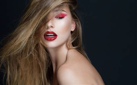 Wallpaper : makeup, women, face, model, red lipstick, long hair, blonde ...