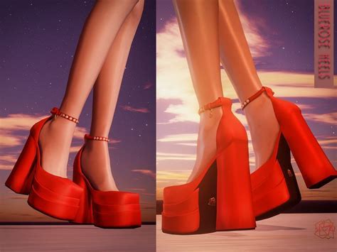 two pictures of red high heeled shoes in front of the sky with clouds ...