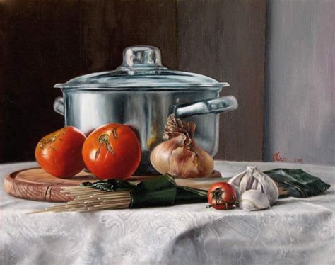 Oil painting still life of pot tomatoes spaghetti onion garlic