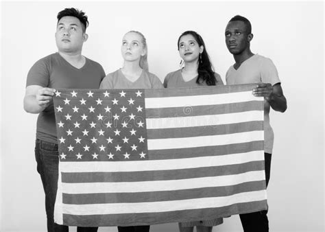 Studio Shot of Diverse Group of Multi Ethnic Friends Thinking while ...