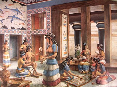 an ancient painting of women preparing food in a room with paintings on ...