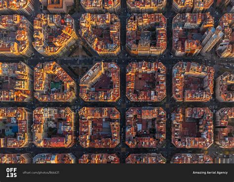 Aerial view above of Barcelona superblocks, Spain. stock photo - OFFSET