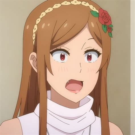 an anime character with long hair wearing a white shirt and flower in her hair, making a funny face