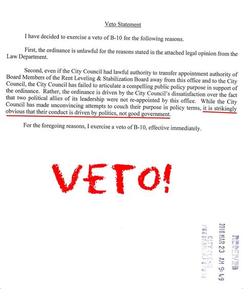 VETO! "Ordinance is an improper attempt to strip you of your power..."