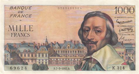 Banknote France 1000 Francs Richelieu - 07-03-1957 Serial K.314 - XF